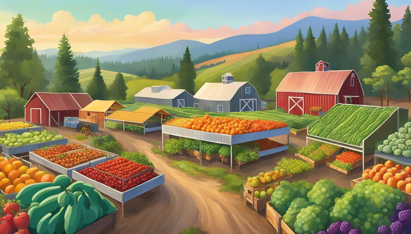 A colorful array of fruits and vegetables fill the U-Pick farm and farm stand, surrounded by rolling hills and a local food coop in Lane County, Eugene, OR