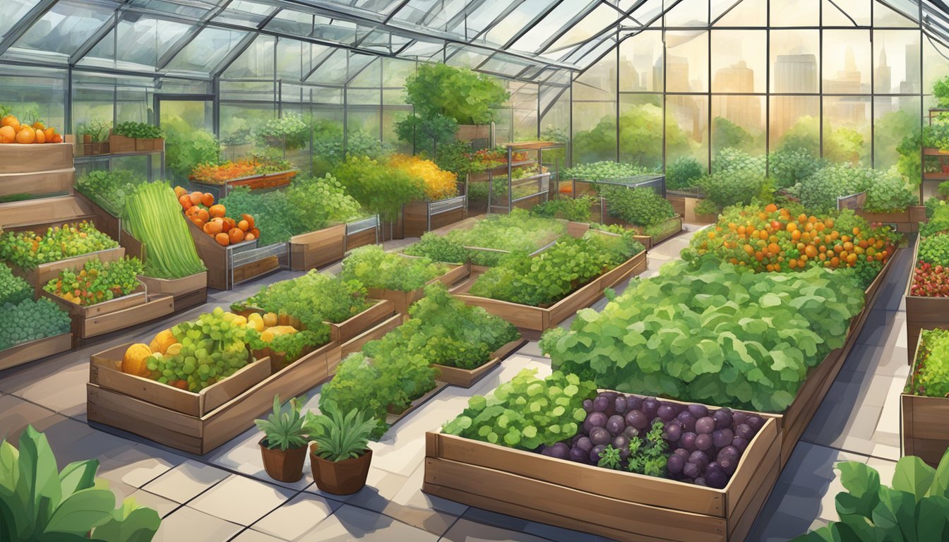 A bustling urban farm with greenhouses, raised beds, and vertical gardens, surrounded by a diverse array of fruits, vegetables, and herbs