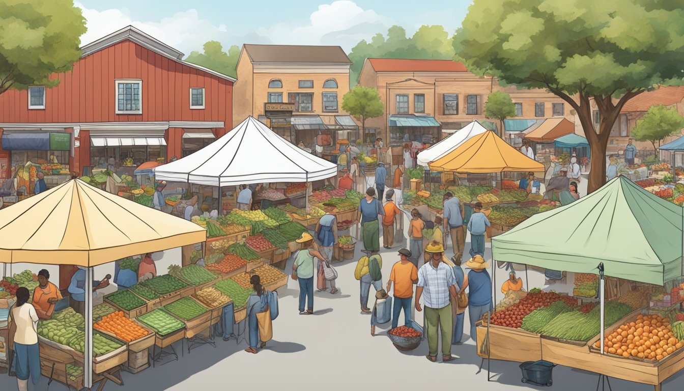 A bustling farmers market with diverse produce and vendors, surrounded by a close-knit community in Lee's Summit, Missouri