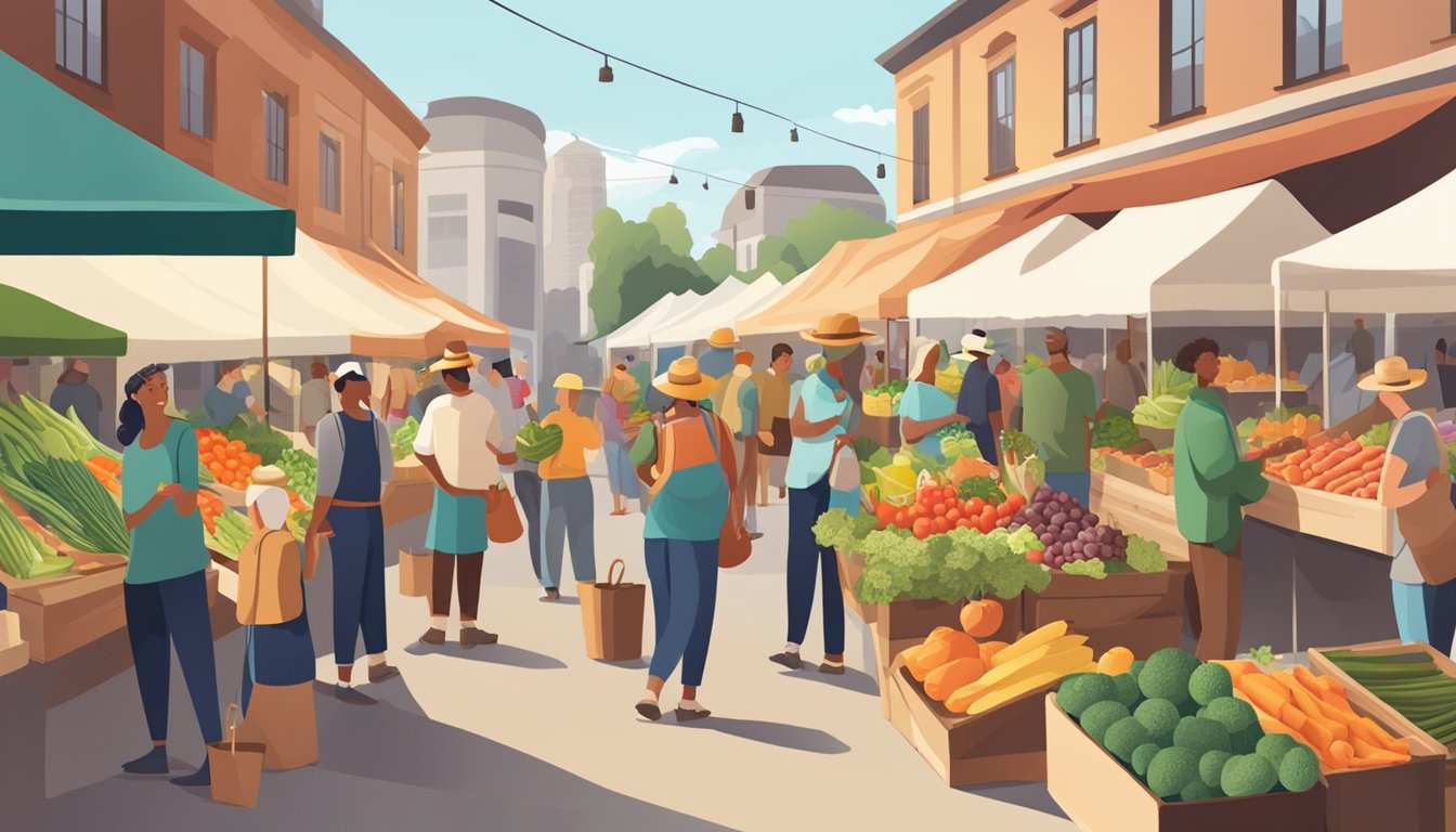 A bustling farmer's market with a variety of fresh produce, local goods, and happy customers interacting with vendors