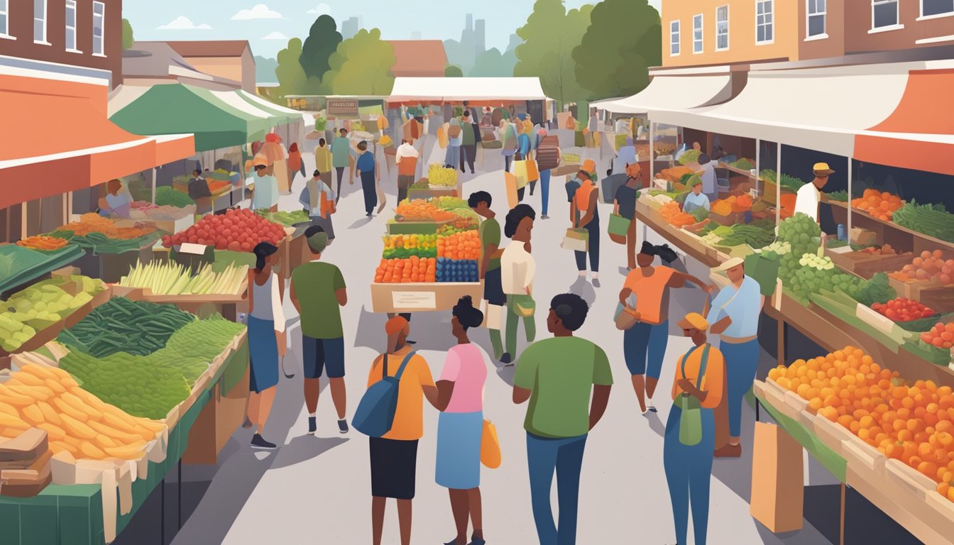 A bustling farmers market with colorful stalls and a diverse array of locally grown produce, with customers chatting and browsing