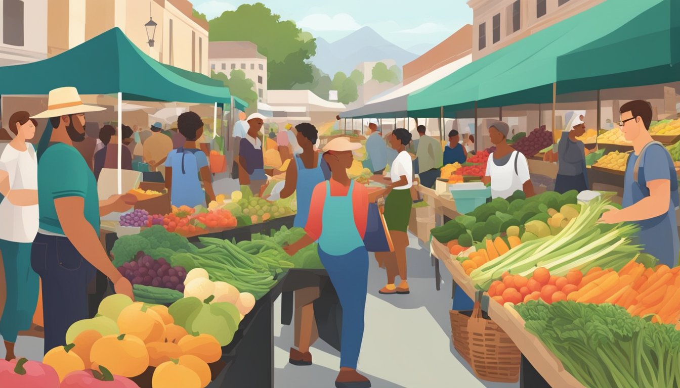 A bustling farmers' market with diverse vendors and customers browsing fresh produce and local goods