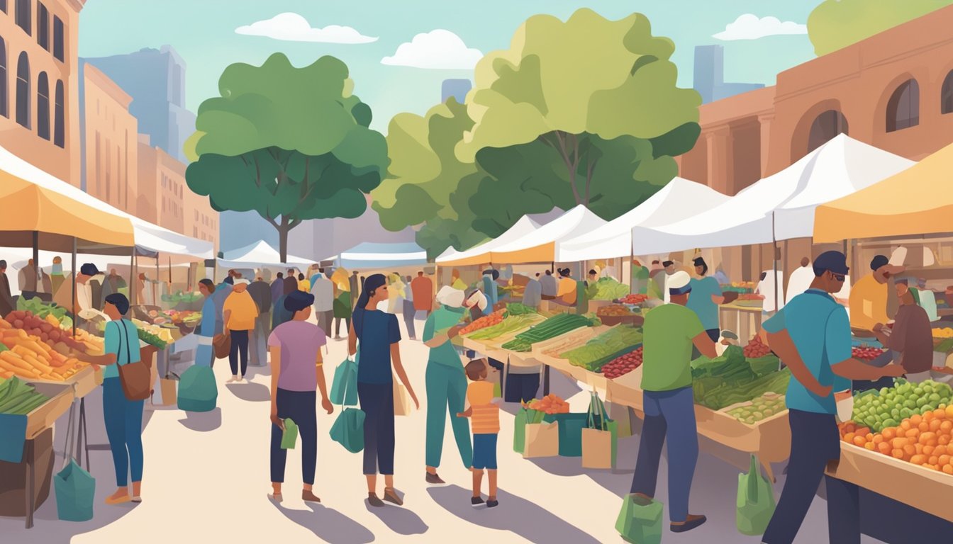 A bustling farmers' market with diverse local produce and community members exchanging goods