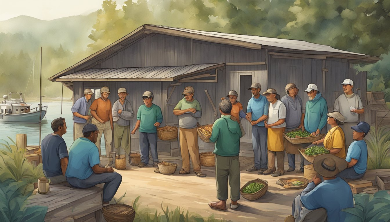 A group of fishers gather around a local food coop, exchanging fresh catches and sharing knowledge about sustainable fishing practices