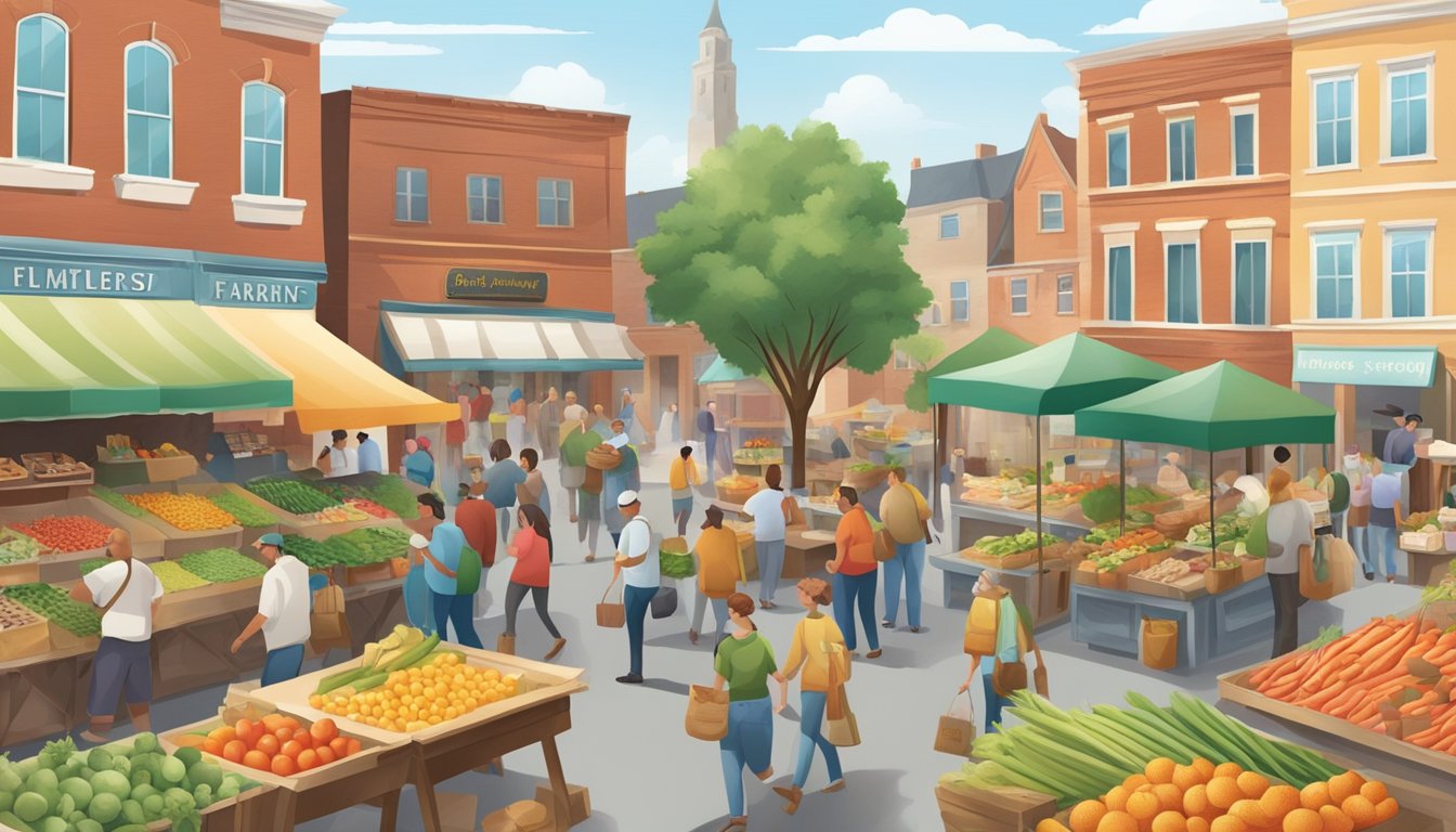 A bustling farmers' market with diverse local produce and specialty food items, set against the backdrop of a charming midwestern town