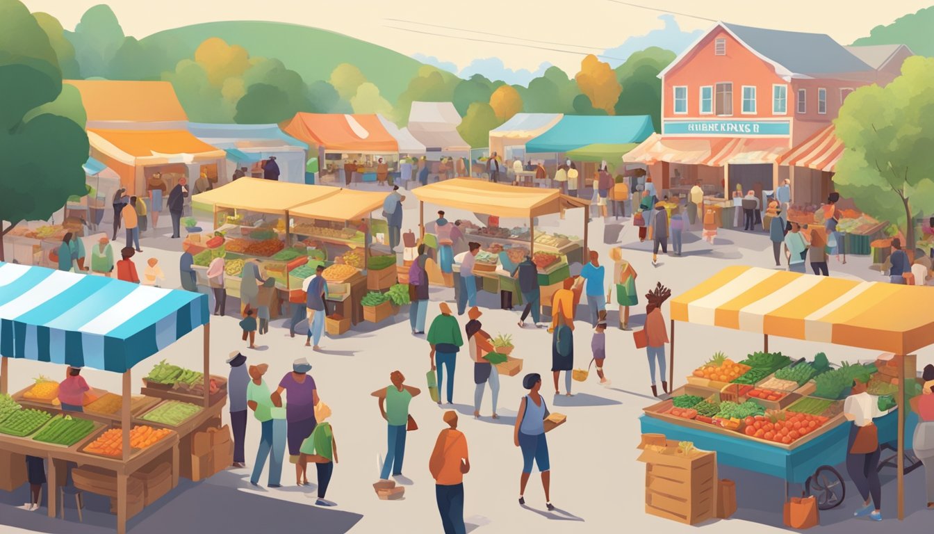 A bustling farmers' market with colorful produce stalls, food trucks, and a lively crowd enjoying local food and community vibes