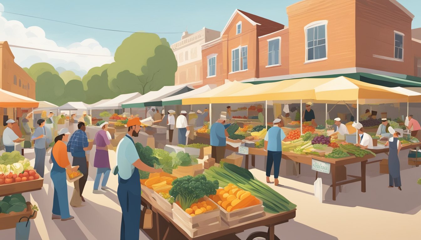 A bustling farmers' market with colorful stalls of fresh produce, local honey, and artisanal cheeses. Chefs chat with farmers, selecting ingredients for their farm-to-table restaurants