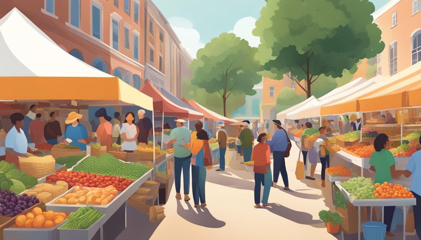 A bustling farmers' market with colorful stalls and a variety of fresh produce, baked goods, and artisanal products. Patrons chat with local vendors, sampling and purchasing items