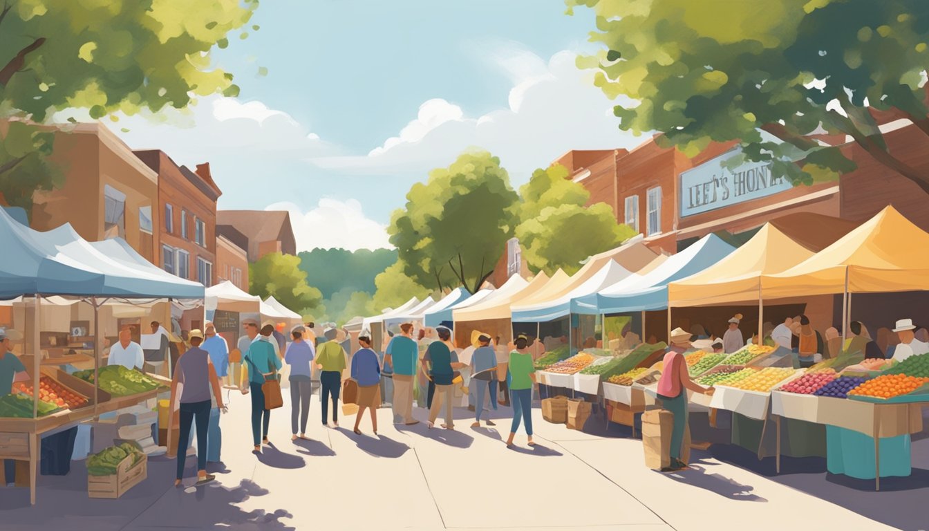 A bustling farmer's market in Lee's Summit, MO, with colorful stalls selling fresh produce, local honey, and handmade crafts. Patrons browse and chat with vendors under a sunny sky