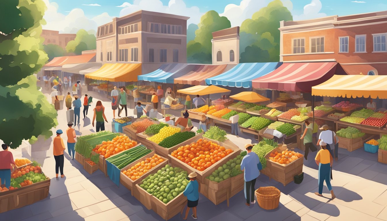 A bustling farmers market with colorful produce stalls and local vendors under a sunny sky