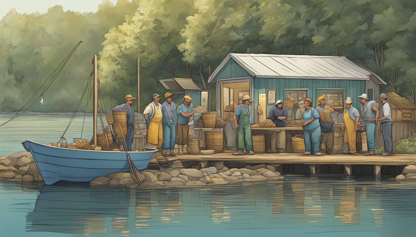 A group of fishers gather around a local food coop, discussing expansion plans and future endeavors. The scene is filled with excitement and anticipation for what lies ahead