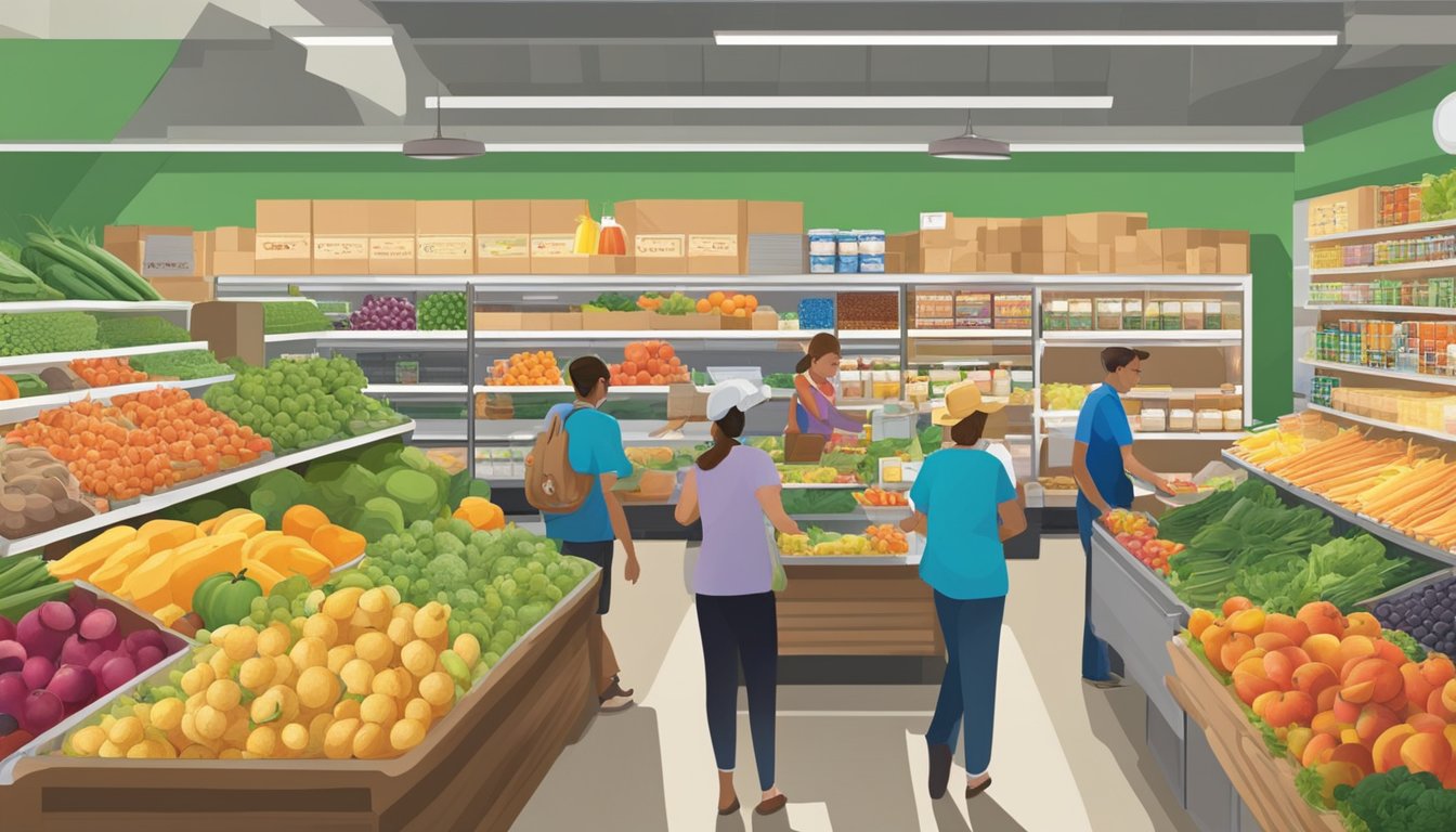 A bustling local food co-op in Elk Grove, CA, with colorful produce, shelves of bulk items, and friendly staff assisting customers