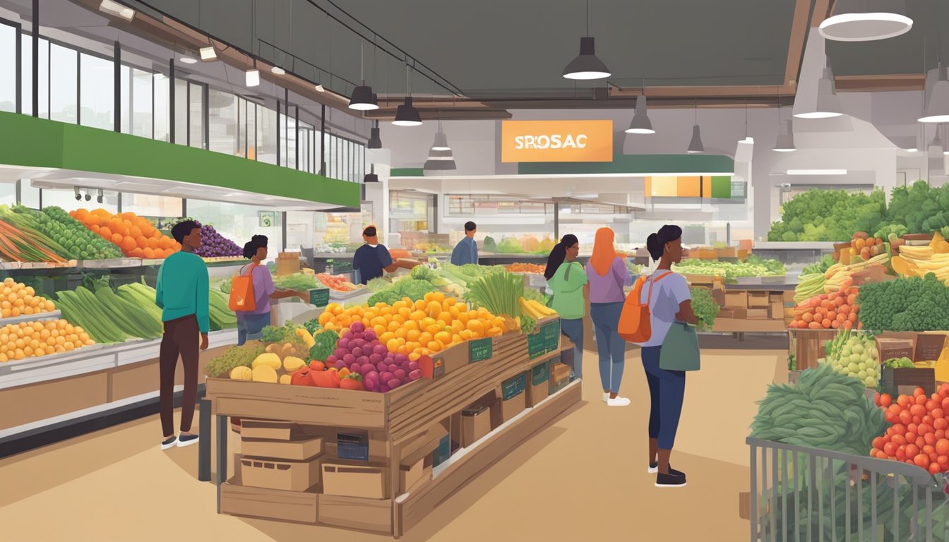 Customers browsing fresh produce and bulk items at a bustling food co-op, with colorful displays and friendly staff