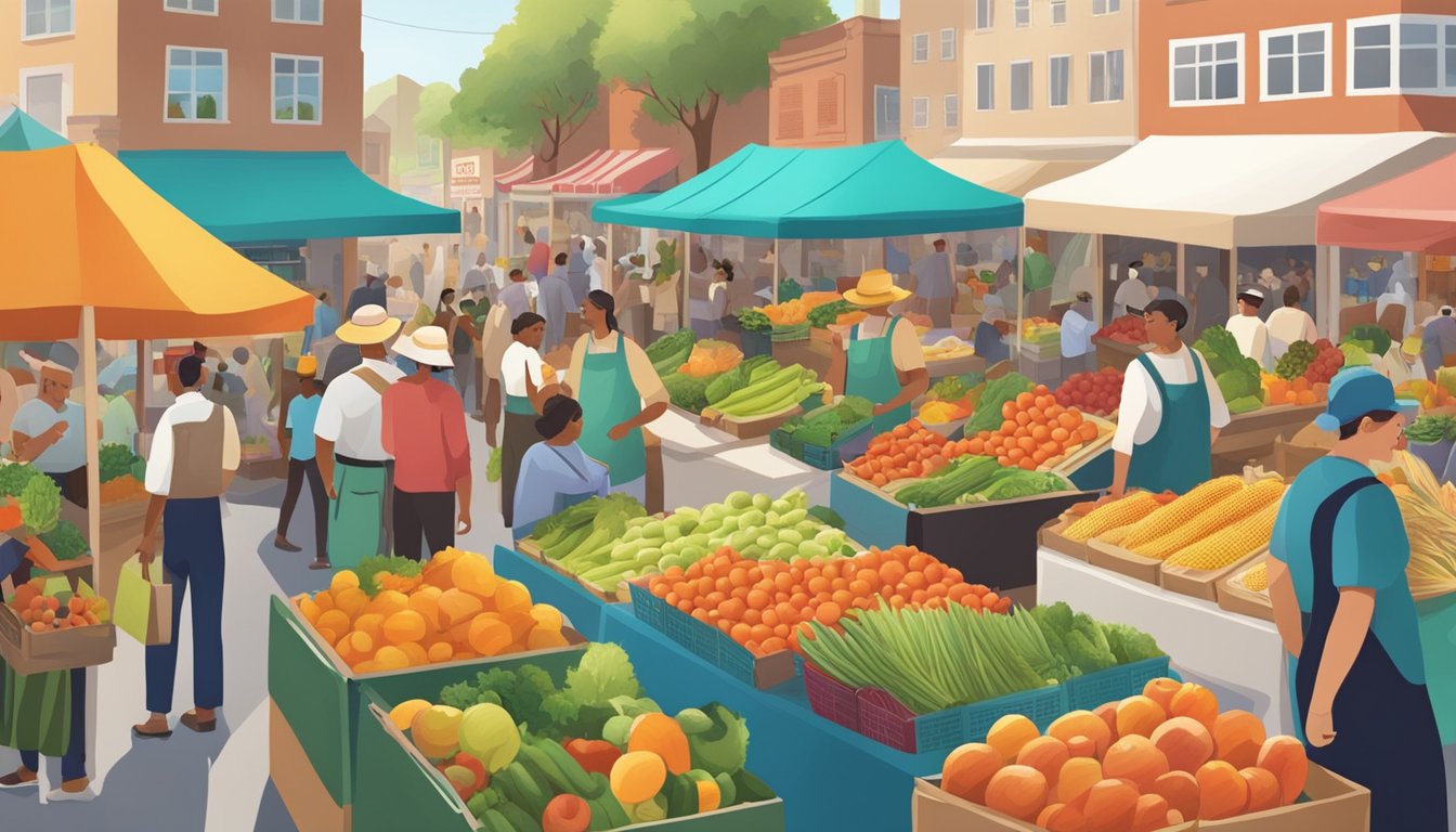 A bustling farmer's market with colorful produce, local vendors, and community members exchanging goods and information