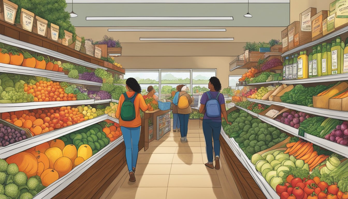 Customers browsing produce at Lifesource Natural Foods co-op. Colorful fruits and vegetables fill the shelves, with a cozy, earthy atmosphere