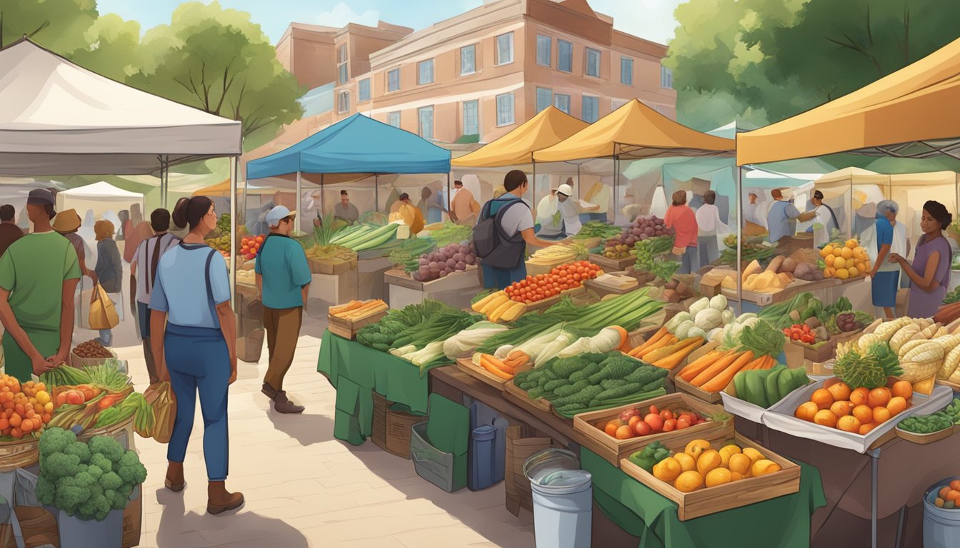 A bustling farmer's market with various vendors selling fresh produce, baked goods, and homemade goods in an outdoor setting