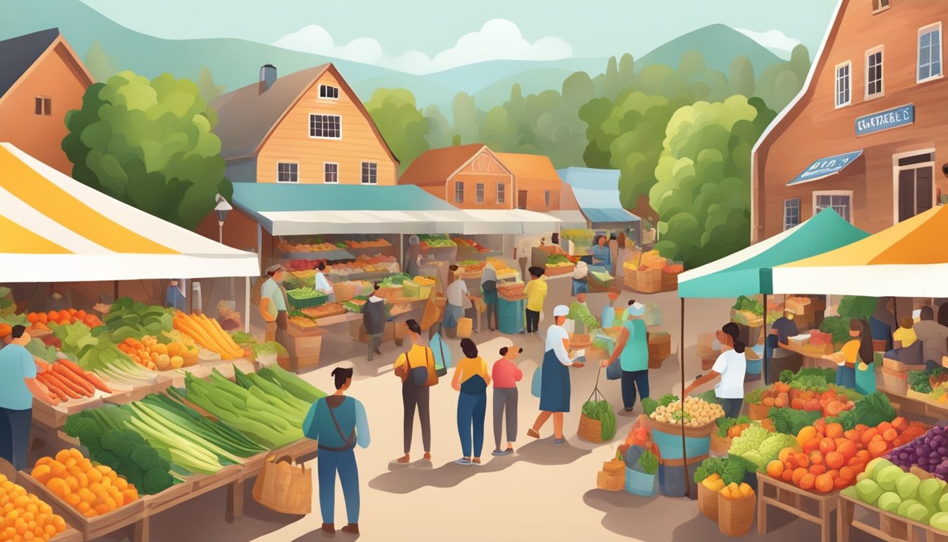 A bustling farmers market with colorful produce and artisanal goods, surrounded by local farms and producers