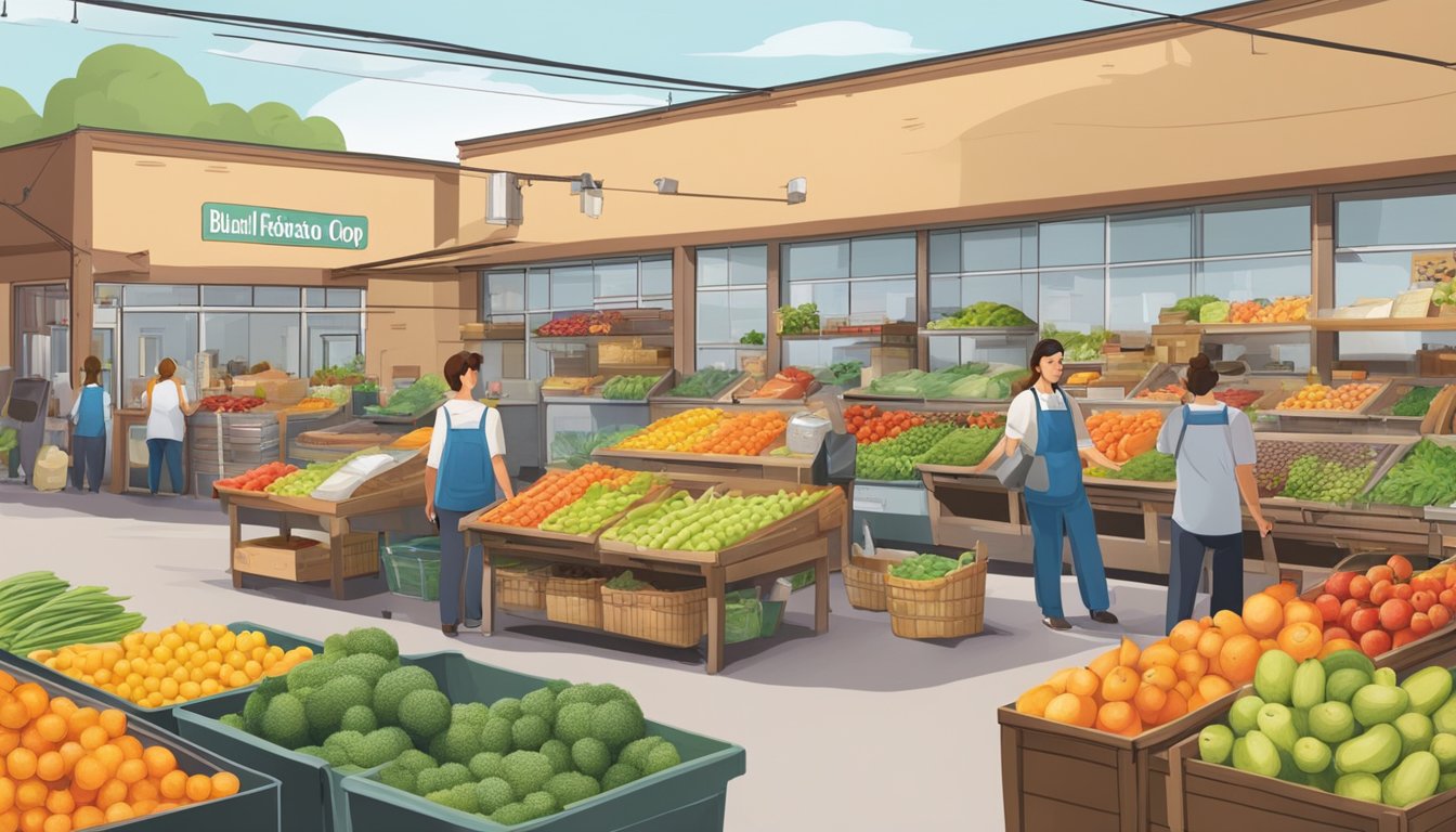 A bustling local food co-op with colorful produce, bulk bins, and friendly staff assisting customers