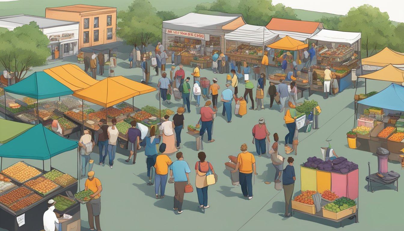 A bustling farmers' market with diverse food stalls, local vendors, and community members interacting and exchanging goods in Wichita Falls, TX