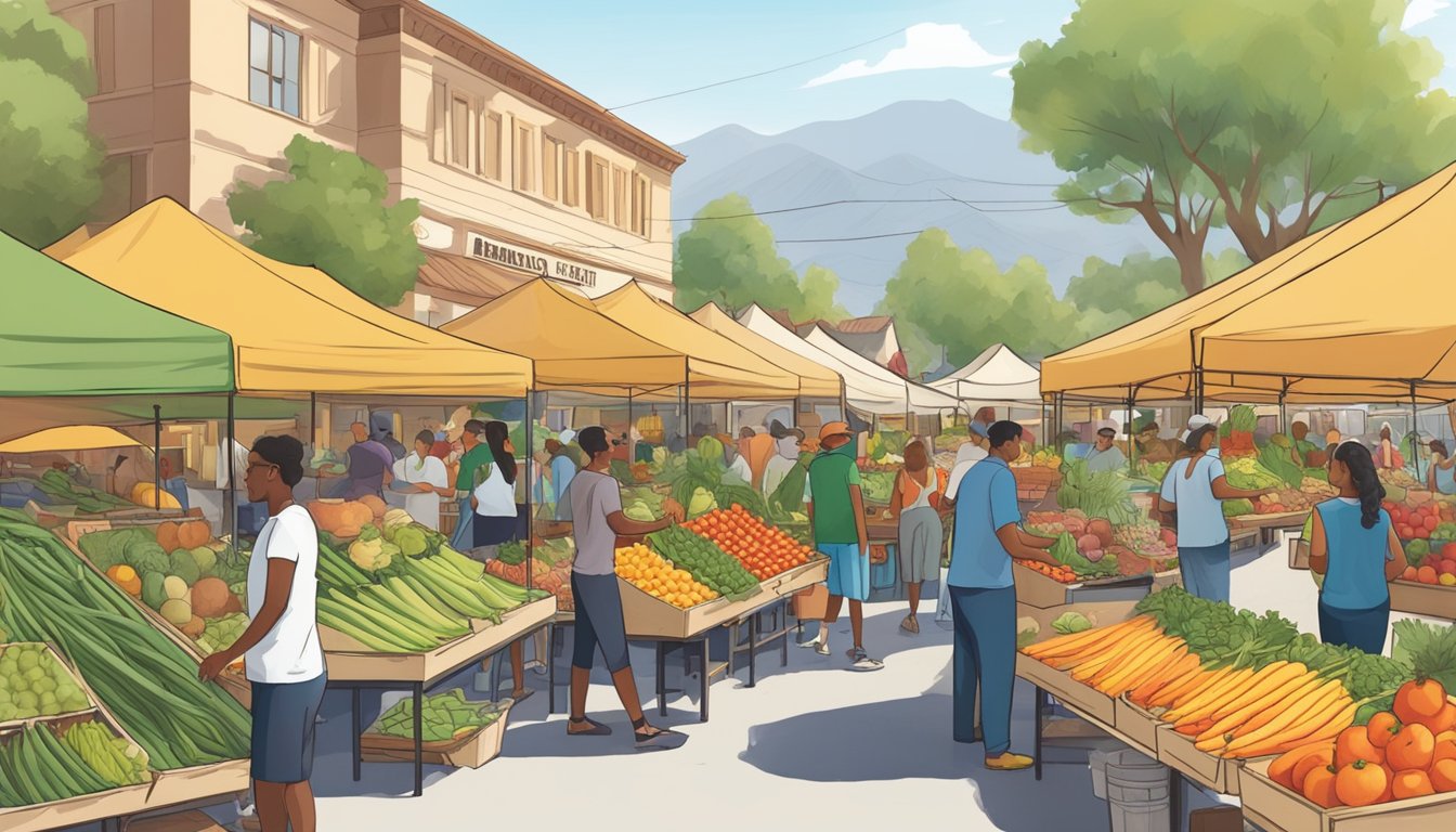 A bustling farmer's market with colorful stalls and fresh produce, surrounded by a diverse community in Rialto, CA