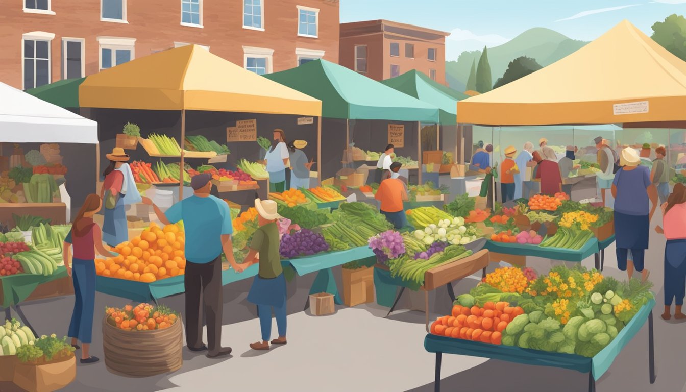 A bustling farmers' market with vendors selling fresh produce, flowers, and homemade goods. Customers browse and chat with the local farmers