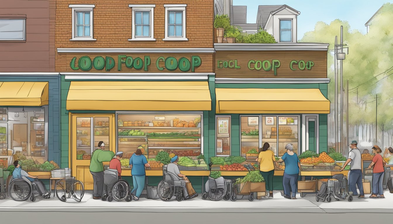 A bustling local food coop with wheelchair ramps and staff assisting customers