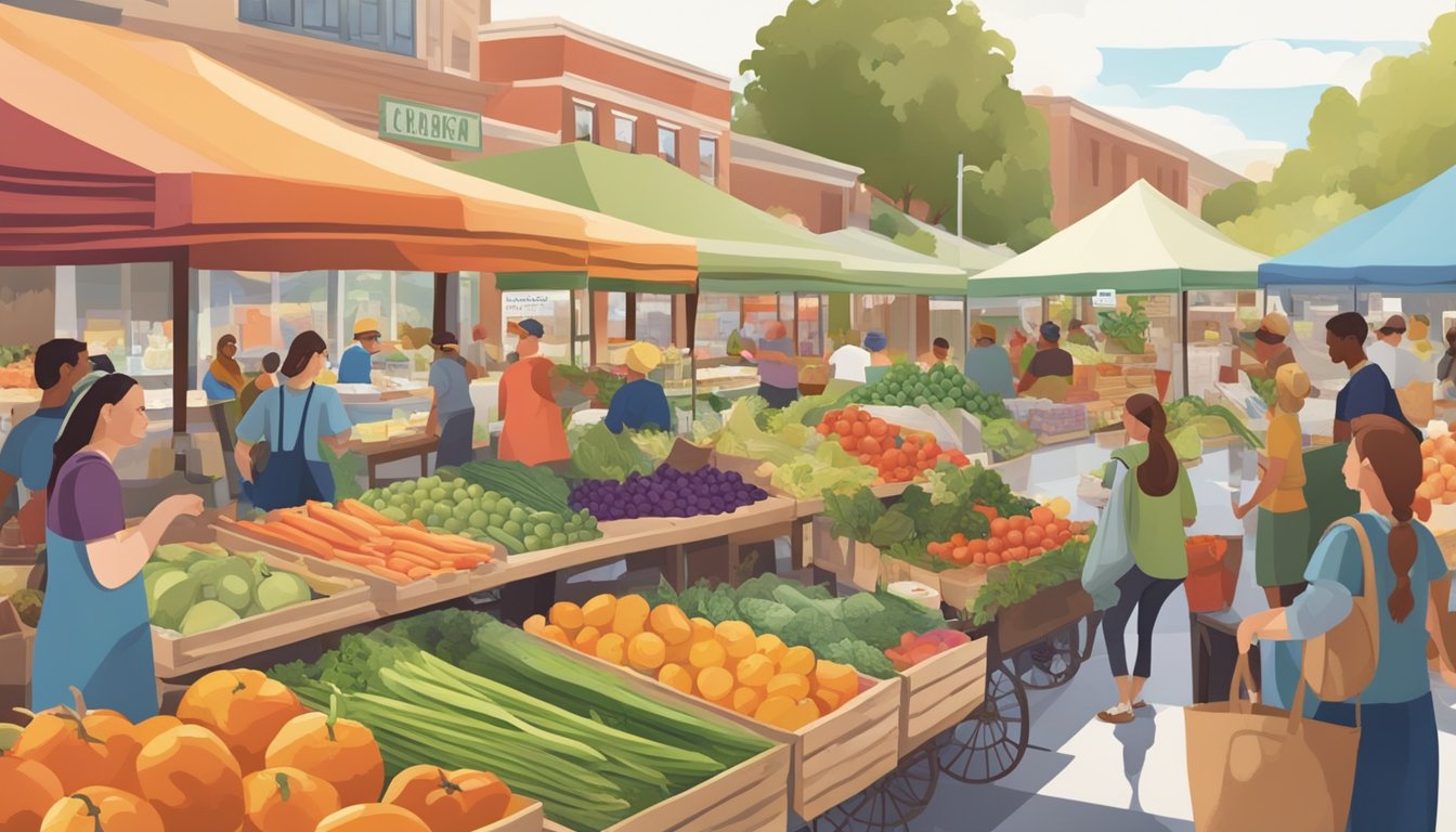 A bustling farmers market with colorful produce, artisanal goods, and lively conversations. Nearby, a local food coop offers a variety of organic and locally-sourced products