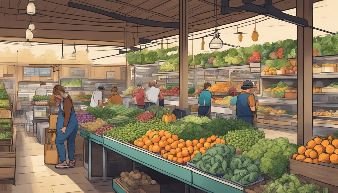 A bustling local food co-op in Wichita Falls, TX, with vendors selling fresh produce, homemade goods, and customers browsing and chatting