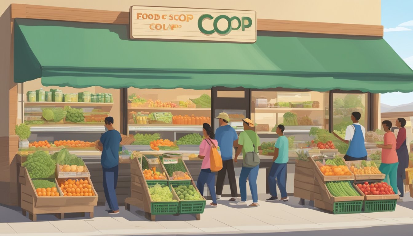 A bustling local food co-op in Rialto, CA, with a sign displaying membership information and hours. Customers come and go, carrying baskets filled with fresh produce and groceries