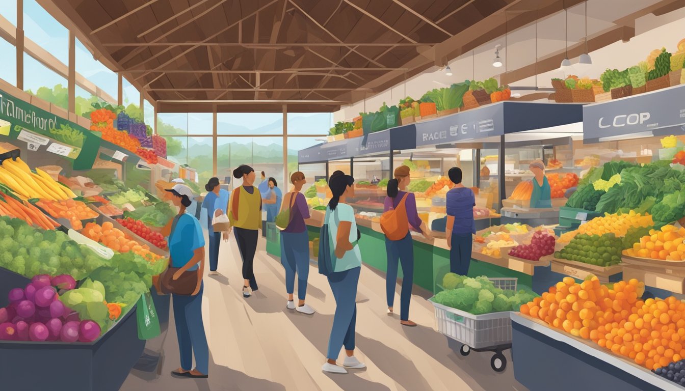 A bustling food hub with colorful produce stalls, local vendors, and a lively atmosphere. Customers browse through fresh fruits, vegetables, and artisanal products at the co-op market in Salem, Oregon