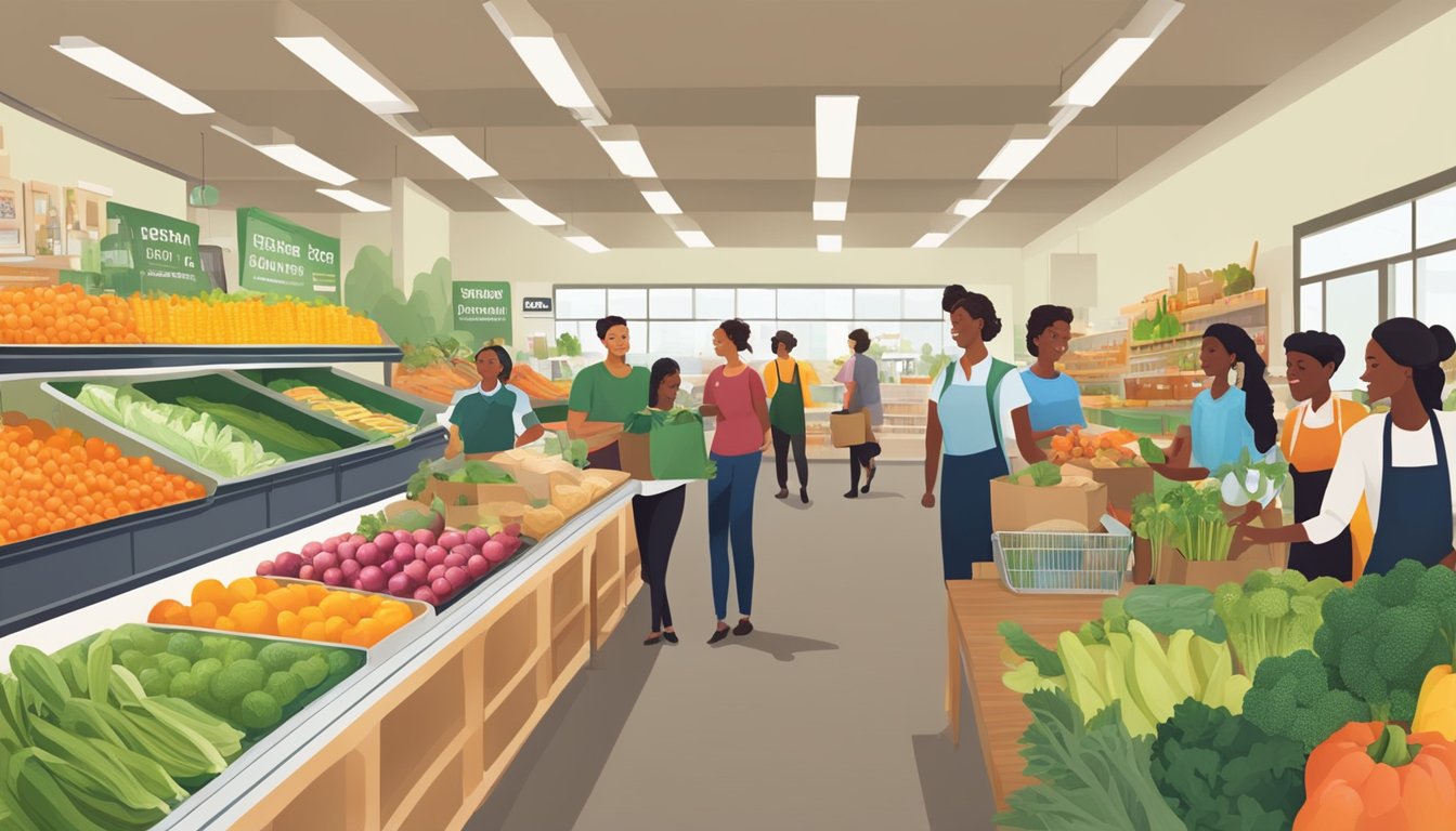 A bustling local food co-op with diverse produce and eco-friendly practices. Customers and staff engage in sustainable shopping and exchange friendly conversation