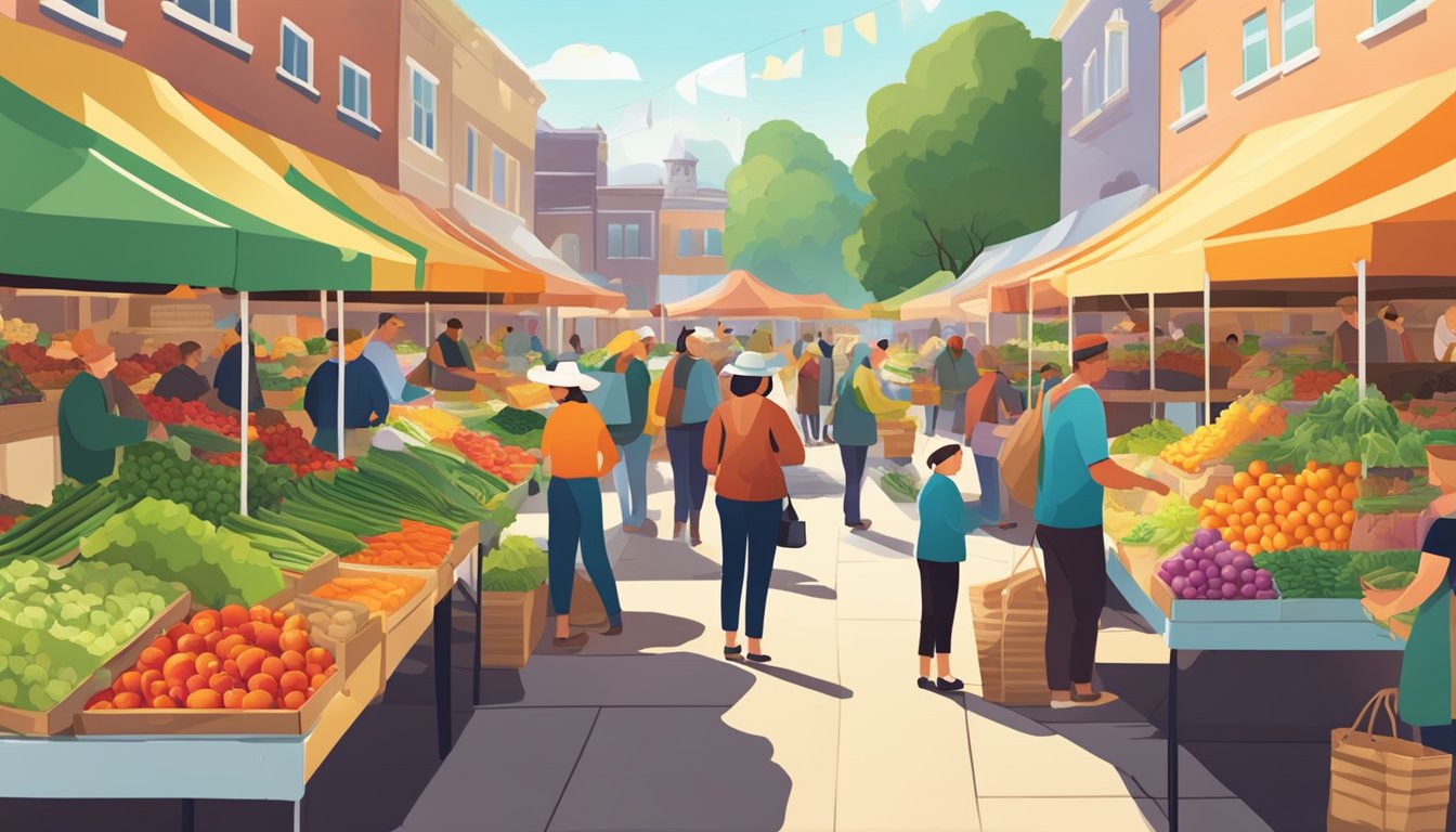 A bustling farmer's market with colorful stalls, fresh produce, and friendly vendors. Customers browse and chat while enjoying the vibrant atmosphere