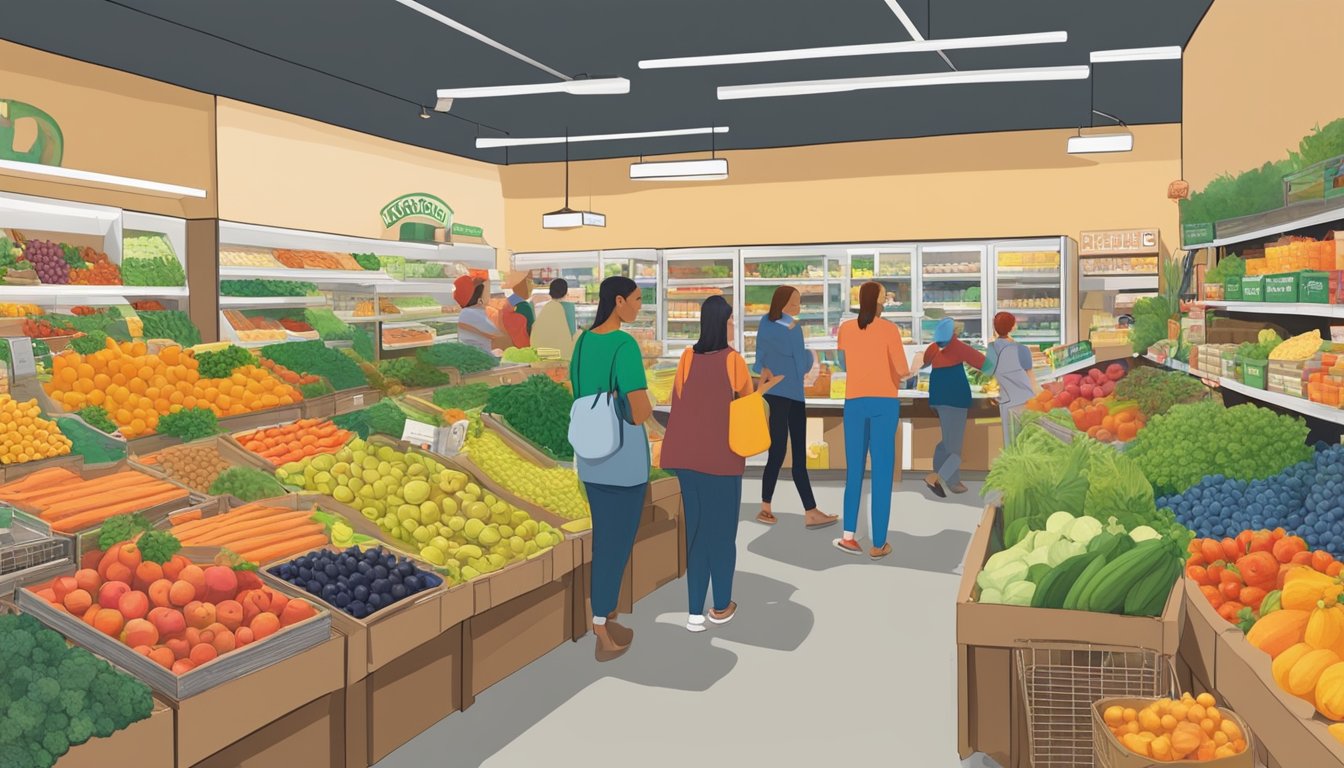 A bustling food coop in Salem, Oregon, with colorful produce, shelves of local goods, and customers browsing the aisles