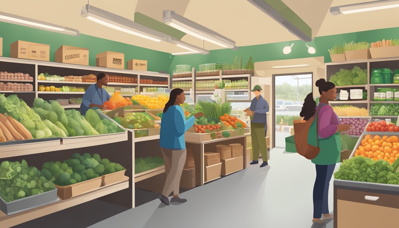 A bustling local food coop with shelves of organic produce, bulk bins, and eco-friendly products. Customers chat with knowledgeable staff about sustainable practices