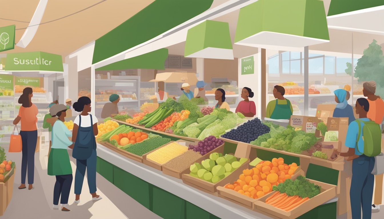 A bustling local food coop with colorful produce, eco-friendly packaging, and a focus on sustainability. Customers chat with vendors and browse the selection of organic goods