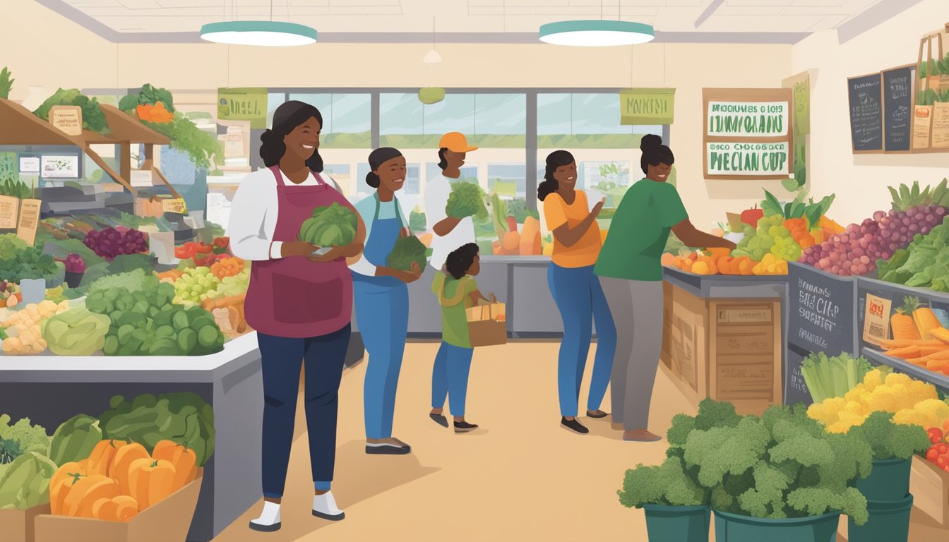 A bustling local food co-op filled with diverse produce, a bulletin board with membership information, and a welcoming staff assisting new members