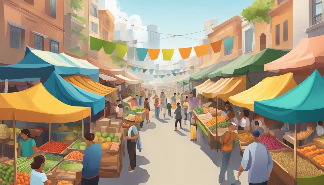 A bustling street market with colorful tents and banners, showcasing local produce and goods, surrounded by eager customers and vendors