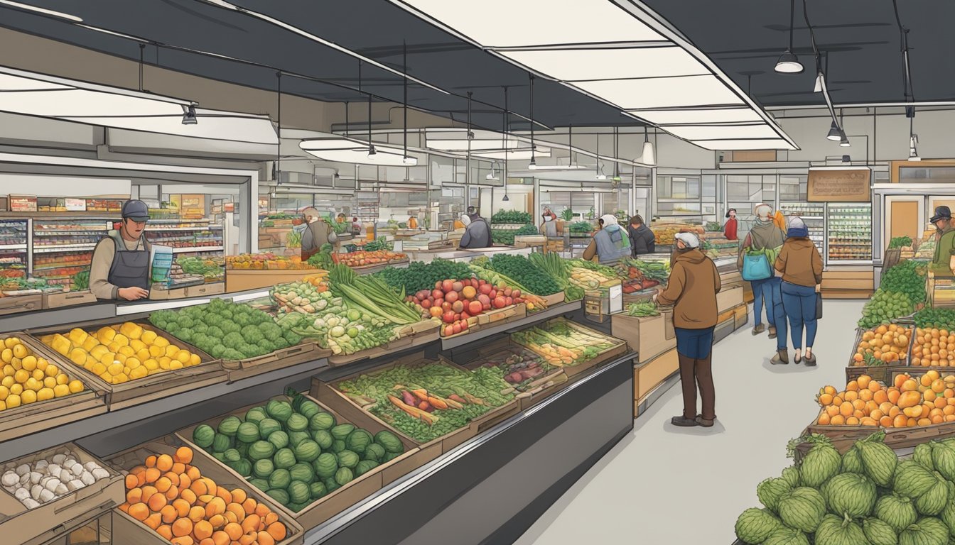 A bustling local food co-op in Salem, Oregon, with fresh produce, shelves stocked with goods, and customers browsing the aisles