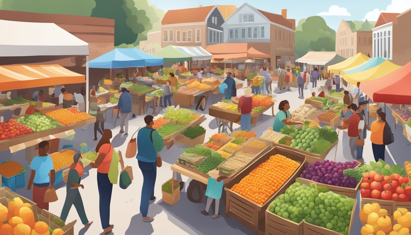 A bustling farmers' market with colorful stalls of fresh produce, local honey, and homemade goods, surrounded by a diverse community of shoppers and vendors