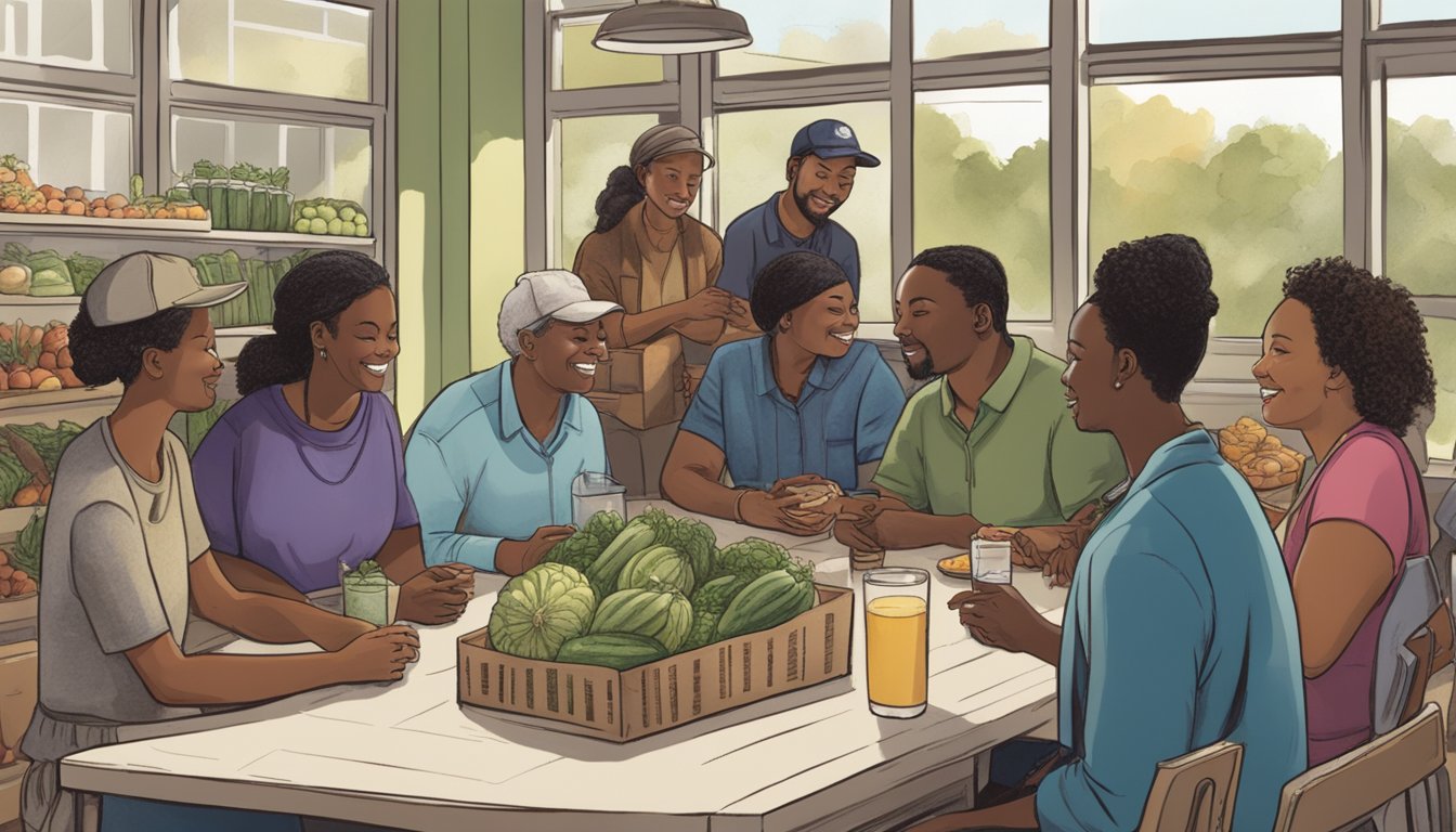 A diverse group of people gather around a table, exchanging goods and discussing local produce at the South Bend, IN food co-op