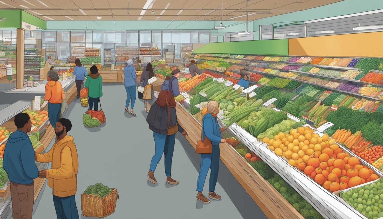 Customers browsing fresh produce and bulk goods at a bustling Food Co-Op in South Bend, with colorful displays and a community atmosphere