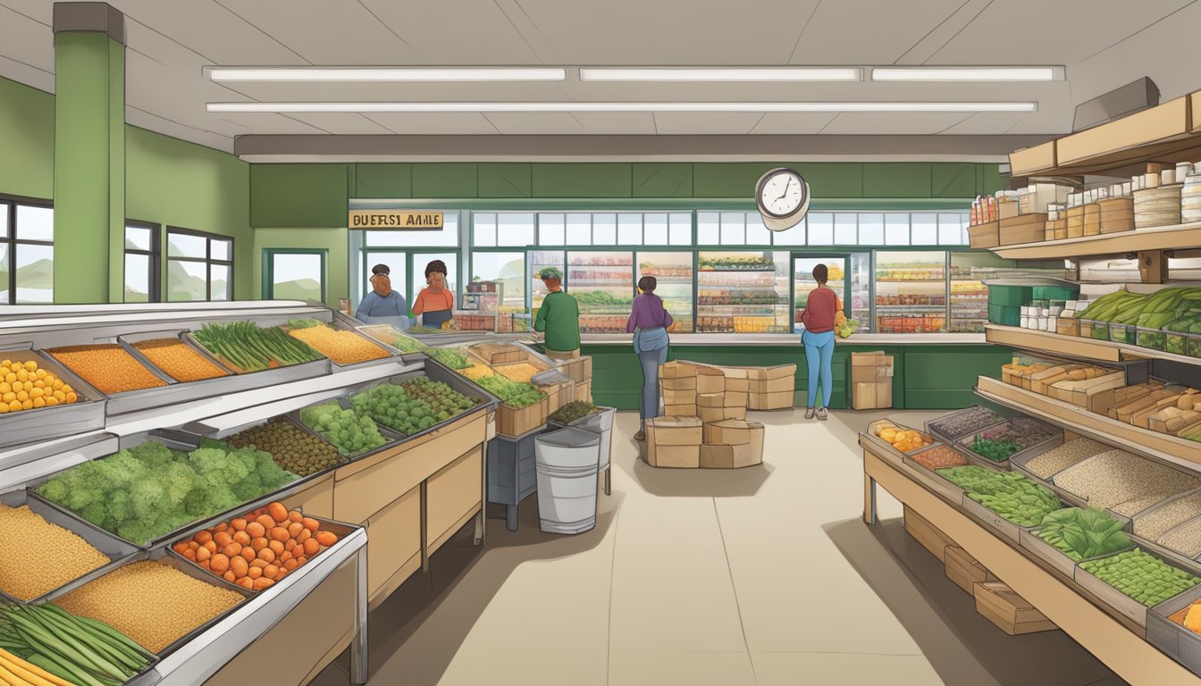 A bustling local food co-op in Vacaville, CA, with shelves stocked with fresh produce, bins of bulk grains, and a community notice board