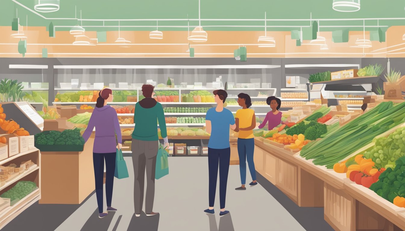 A bustling local food co-op with customers browsing fresh produce and interacting with friendly staff