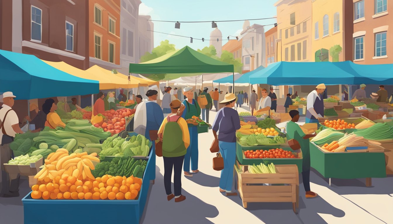 A bustling farmers' market with diverse produce, locals exchanging goods, and a community atmosphere