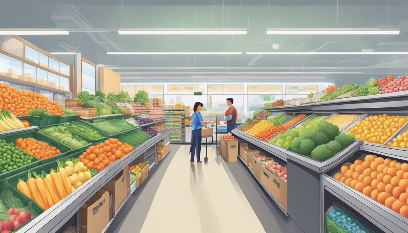 A bustling local co-op with colorful produce and friendly staff contrasts with a sterile big box grocer with uniform aisles and automated checkouts