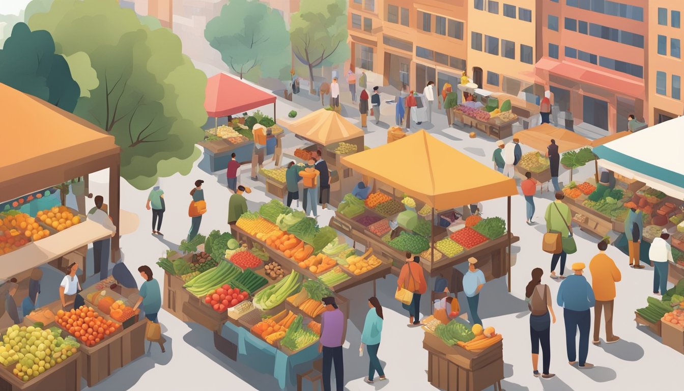 A bustling farmers' market with colorful stalls brimming with fresh fruits, vegetables, and artisanal products. Shoppers chat with local farmers and sample homemade goods