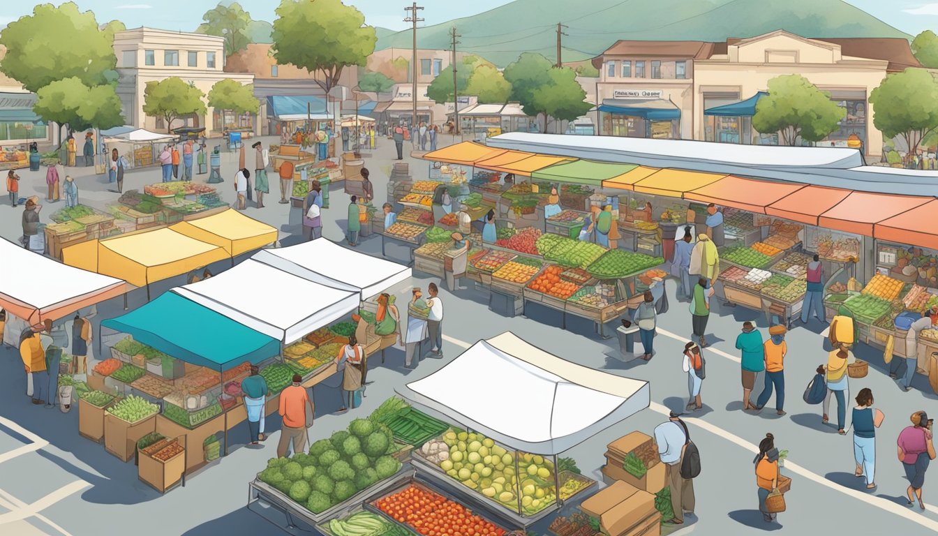 A bustling farmers' market with colorful produce stands, friendly vendors, and a diverse crowd of customers supporting their local food co-op in Corona, CA