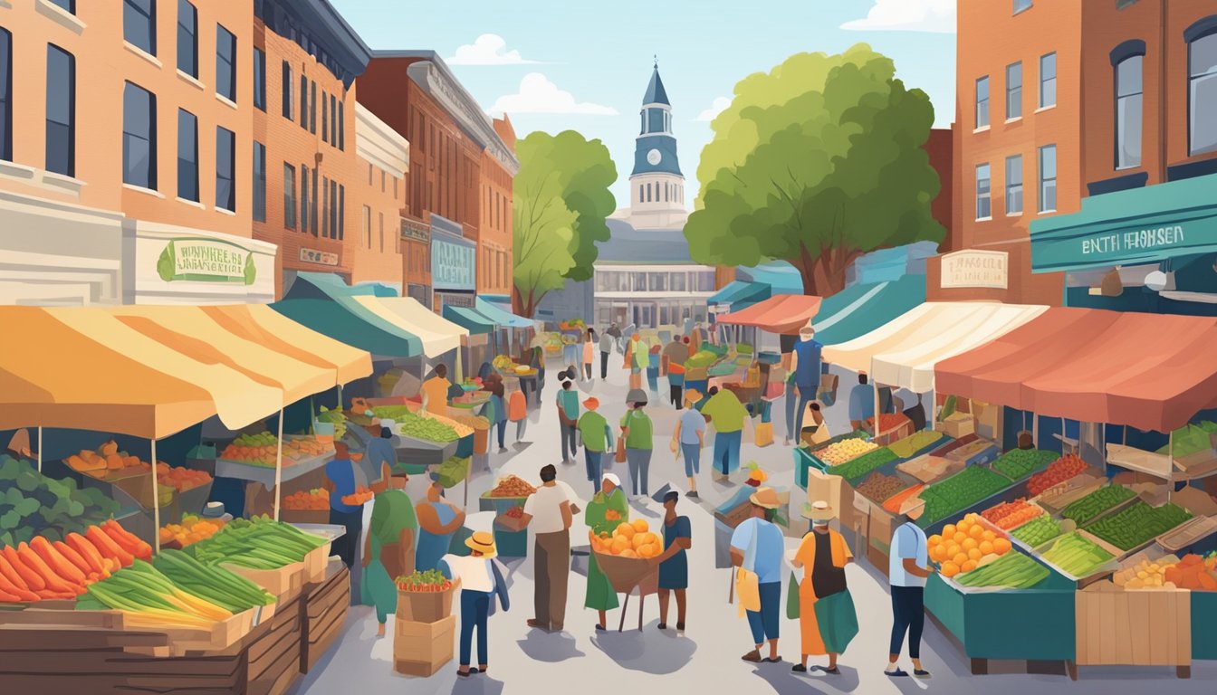 A bustling farmers market with diverse produce and vendors, surrounded by a vibrant community in South Bend, Indiana