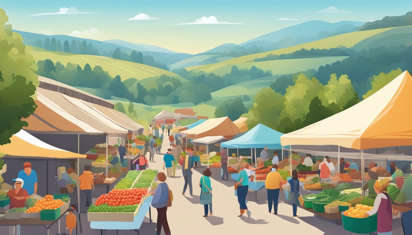 A bustling farmers' market with colorful stalls selling locally sourced produce, surrounded by rolling hills and a clear blue sky