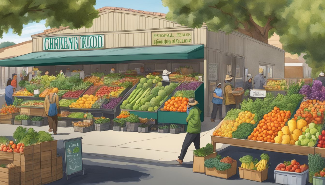 A bustling local food coop with colorful seasonal produce displays and a chalkboard listing upcoming events and offerings in Vacaville, CA